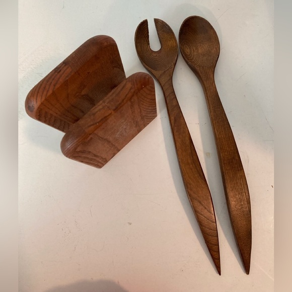Holiday Serving Teak Napkin Holder + Utensils Wood Serving Utensils EUC - Picture 1 of 14